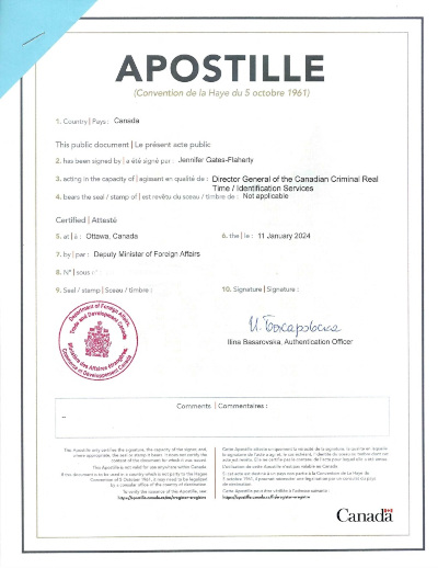 Apostille for Police Clearance Certificate Canada